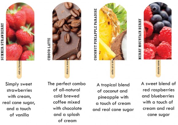 JonnyPops gourmet frozen popcicles. Strawberry, Choco-latte, coconut pineapple, mountain berry